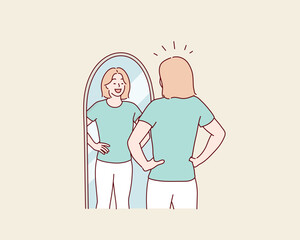 Confident Woman Looking at Herself in Full-Length Mirror – Concept of Self-Esteem and Empowerment. Hand drawn style vector design illustrations.