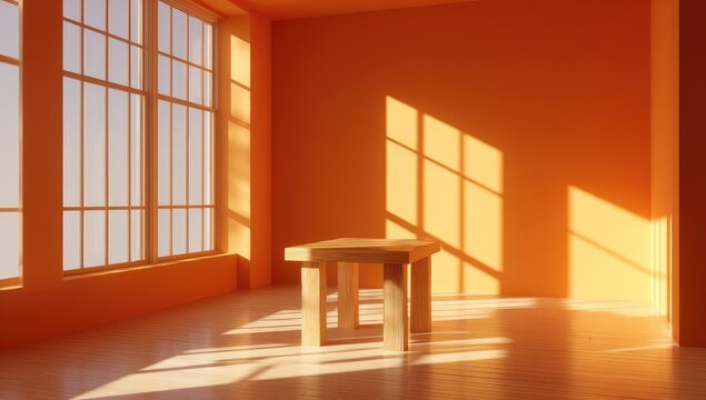 Sunny orange room with wooden table (1)