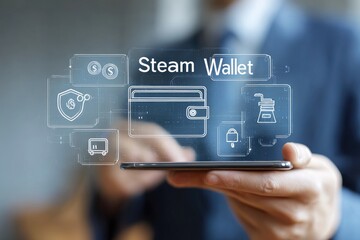 Hand holding tablet displaying digital Steam Wallet interface with various icons