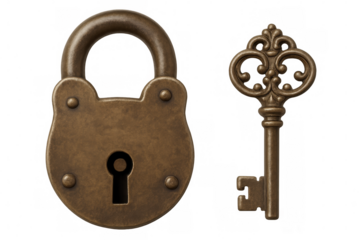 Vintage lock and key isolated on transparent background, representing security, privacy, and access