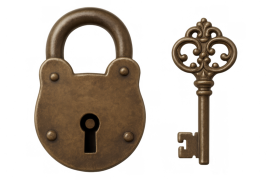 Vintage lock and key isolated on transparent background, representing security, privacy, and access
