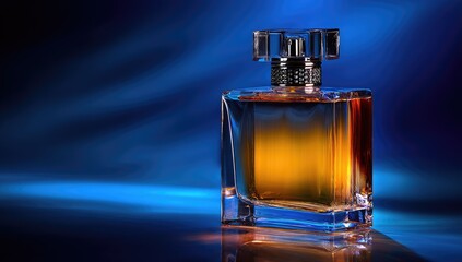 Amber perfume bottle on dark blue background