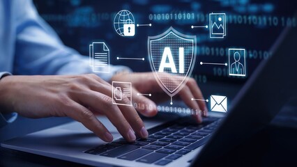 Fingers typing on laptop with AI interface including document, security, profile, and email
