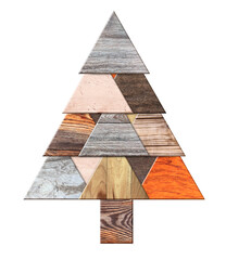 Eco friendly Christmas. Homemade Christmas tree made of natural biodegradable wooden boards of different color. Ecology, environmental conservation and zero waste concept. Isolated on white background