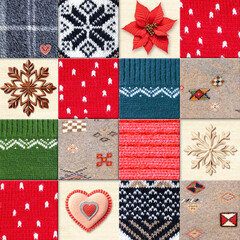 Warm Christmas background with plaid fleece, wool sweater texture with geometric ornament. Holiday...