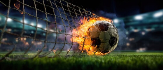 The blazing soccer ball igniting the net in a thrilling sports moment.