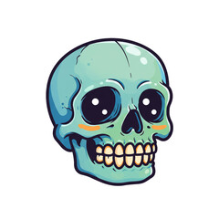 A cute and colorful cartoon skull illustration with big shiny eyes and a friendly smile.