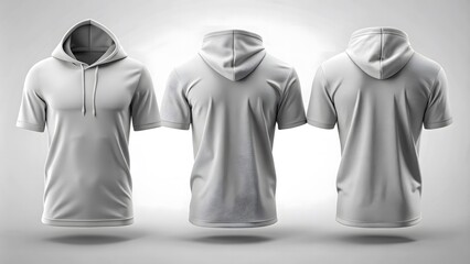 Three white short sleeve hooded t shirts mockup image
