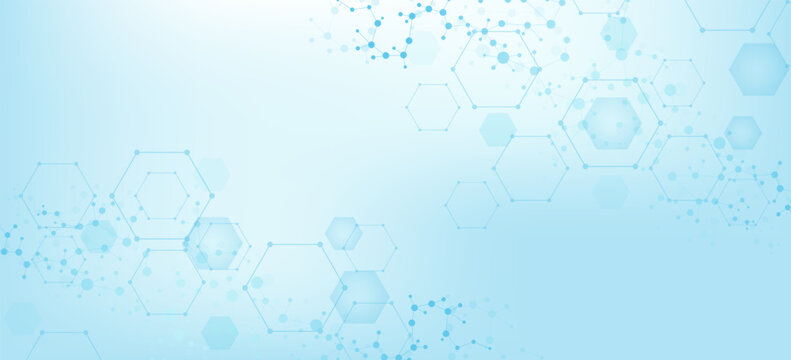 Health care or medical abstract background with hexagons, lines and dots. Scientific innovation banner template concept. Biology and pharmaceutical technology background. Vector illustration.
