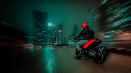 Photo of a man riding a motorcycle in the city at night.