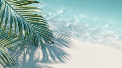 Soft turquoise waters meet a pristine sandy shore, where palm leaves cast playful shadows. The scene radiates tranquility, inviting relaxation under the sun.