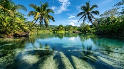Obraz premium Crystal-clear river flowing through lush tropical foliage.