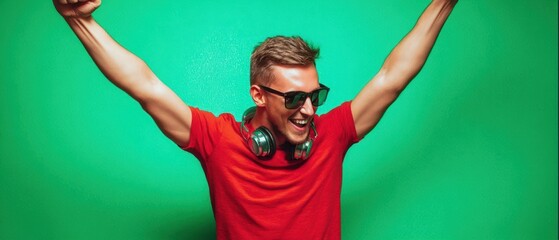 The joyful young man celebrating with headphones and sunglasses in a vibrant green backdrop.