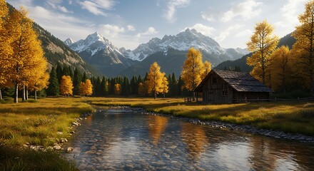 Fototapeta premium A picturesque cabin sits beside a clear river with snowcapped mountains in the background, surrounded by vibrant autumn foliage