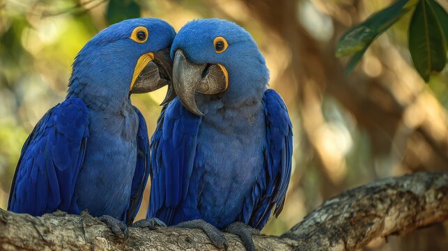 Two loving Blue Hyacinth Macaws perched closely on a tree branch, gently touching beaks under soft sunlight, tropical forest background with vibrant feathers and emotional atmosphere