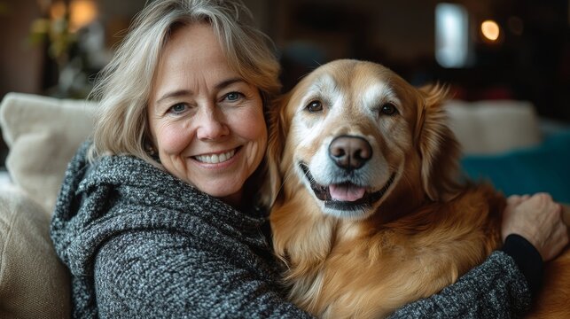 Mature candid woman cuddling a golden retriever dog at home. Senior female napping with a happy pet. Animal companionship. Man's best friend. Candid elderly woman with dog, Generative AI