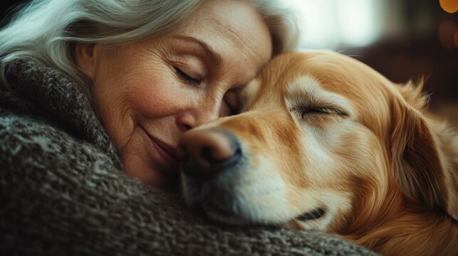 Mature candid woman cuddling a golden retriever dog at home. Senior female napping with a happy pet. Animal companionship. Man's best friend. Candid elderly woman with dog, Generative AI - Powered by Adobe