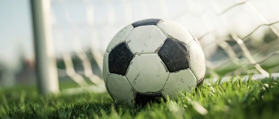 The soccer ball resting near the goal on a vibrant green field.