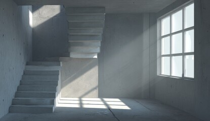 Obraz premium Empty concrete room with stairs, sunlight