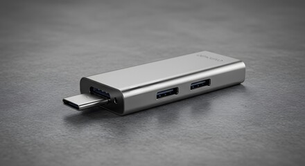A silver USB hub rests on a gray surface featuring a prominent USBC connector and multiple USBA ports