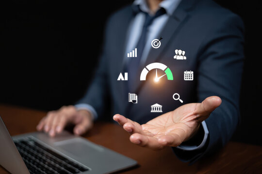 Businessman presenting performance metrics and ai icons with laptop on wooden desk surface - Powered by Adobe