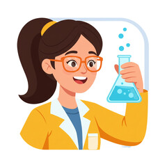 A cheerful female scientist in a lab coat holds a bubbling flask, excited about her discovery.