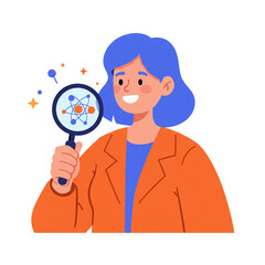 A cheerful female scientist with blue hair examines a glowing atom model with a magnifying glass.