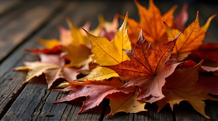 Pile of autumn leaves on a rustic wooden surface close up view