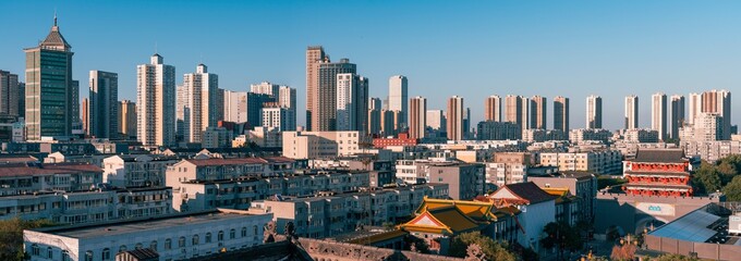 sunset over the modern Shenyang city, China