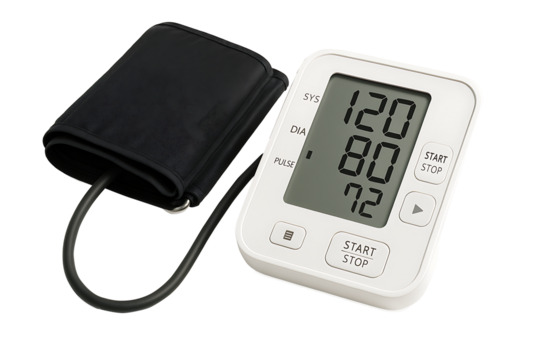 Modern Digital Blood Pressure Monitor with Cuff Isolated on White Background for Medical and Healthcare Concepts