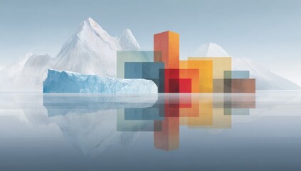 Icebergs & colorful blocks on icy water