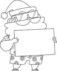 Summer Santa Claus Holding Blank Sign For Text Message – Black and White