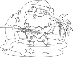 Summer Santa Claus Playing Ukulele On Beach With Palm Trees – Black and White