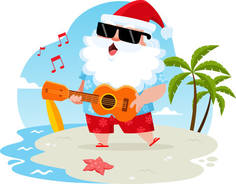 Summer Santa Claus Singing And Playing Ukulele On Beach - Vector Illustration Flat Design Isolated On Transparent Background