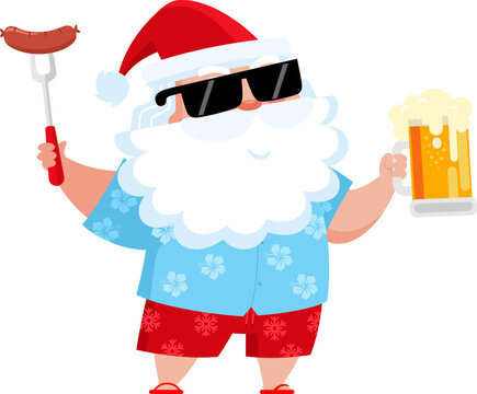 Summer Santa Claus Cartoon Character Holding Beer Mug And Grilled Sausage - Vector Illustration Flat Design Isolated On Transparent Background