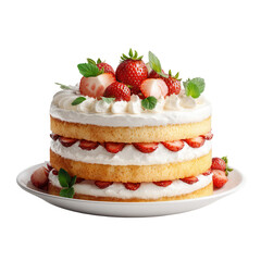 Three-layered cake with whipped cream and fresh strawberries, garnished with mint leaves, presented on a white plate