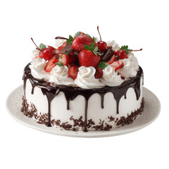 A round cake adorned with whipped cream, chocolate ganache, strawberries, and cherries
