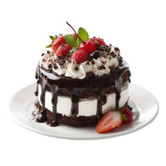 Decadent chocolate cake with berries and whipped cream