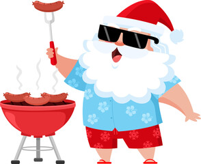 Summer Santa Claus Cartoon Character Grilling Sausages On Barbecue Grill - Vector Illustration Flat Design Isolated On Transparent Background