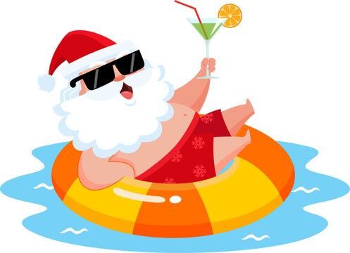 Summer Santa Claus Cartoon Character Relaxing In Pool Float With Cocktail Drink - Vector Illustration Flat Design Isolated On Transparent Background