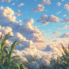 Naklejka premium A field of tall grass, white flowers, and puffy clouds against a vibrant sky