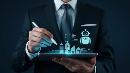 Businessman interacting with futuristic holographic cityscape and ai robot interface on a digital tablet