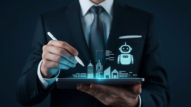 Businessman interacting with futuristic holographic cityscape and ai robot interface on a digital tablet - Powered by Adobe