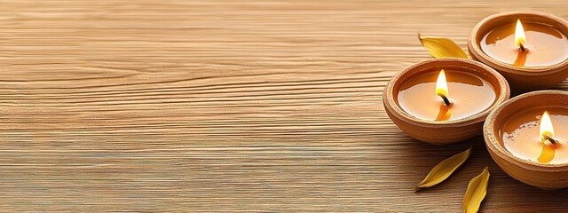 Golden Lit Candles on Rustic Wooden Surface with Autumn Leaves