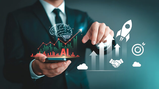 Businessman holding smartphone displaying a futuristic holographic financial growth chart with rocket and business icons