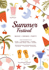 Summer, background, card of trend elements: sun, palm tree, dessert, glasses, ice cream. Fashionable modern art. Cartoon, minimalistic, abstract art Nouveau style. art template for summer  print