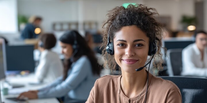 The smiling woman in a headset at a busy call center.