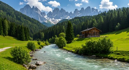 A scenic landscape featuring a charming wooden cabin beside a flowing river, set against the backdrop of the majestic dolomites mountains and a lush green forest