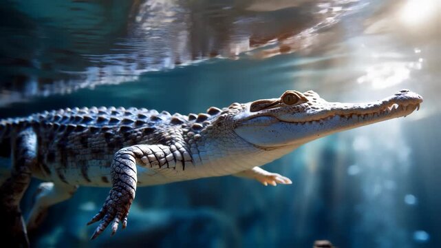 A crocodile gracefully swimming underwater, with its scales glistening under the sunlight. The crocodile is captured in a serene underwater scene