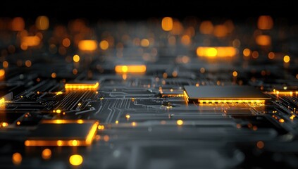 Dark circuit board, glowing orange components